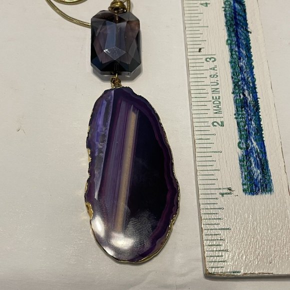 Gold Tone Purple Resin Agate Pendant Necklace 24” Boho Statement - Picture 5 of 7